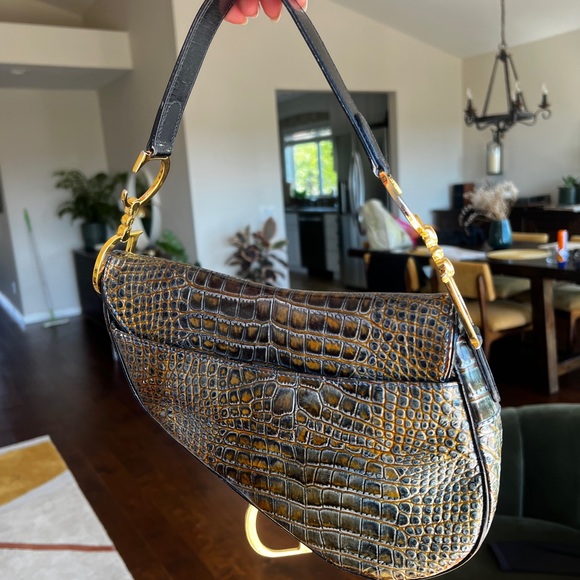 Dior crocodile bag Saddle Embossed Green/Blue gold hardware , rare find - Picture 7 of 16